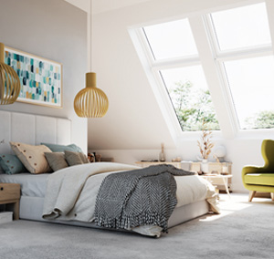two Velux roof windows in bedroom that can be installed by Skylights of Rhode Island reachable at 401-268-7510